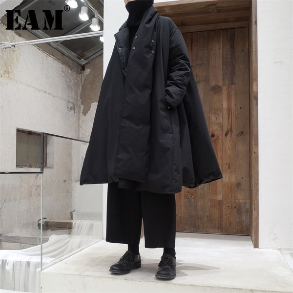 [EAM] 2019 New Spring Winter Stand Collar Long Sleeve Black Big Size Warm Cloak Down Jacket Women Coat Fashion Tide JL721