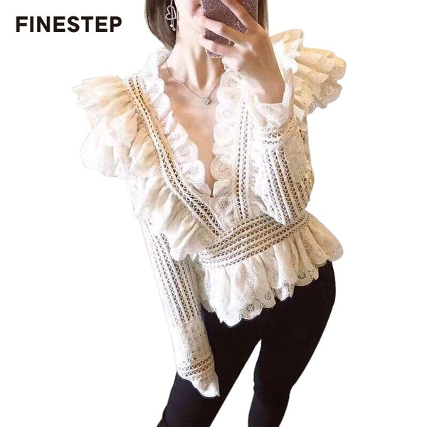 Elegant Blouse White Lace Hollow Out Blouse with Long Sleeves Lace Blouse 2019 Floral Printed Blouse With V-neck Collar