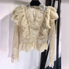 Elegant Blouse White Lace Hollow Out Blouse with Long Sleeves Lace Blouse 2019 Floral Printed Blouse With V-neck Collar