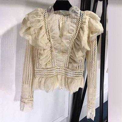 Elegant Blouse White Lace Hollow Out Blouse with Long Sleeves Lace Blouse 2019 Floral Printed Blouse With V-neck Collar