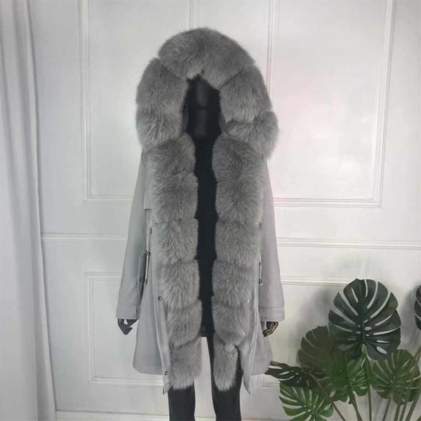 girl parka real fur parka with fox fur big large fox fur collar liner rabbit fur Detachable natural fur coat Female Fox Parkas
