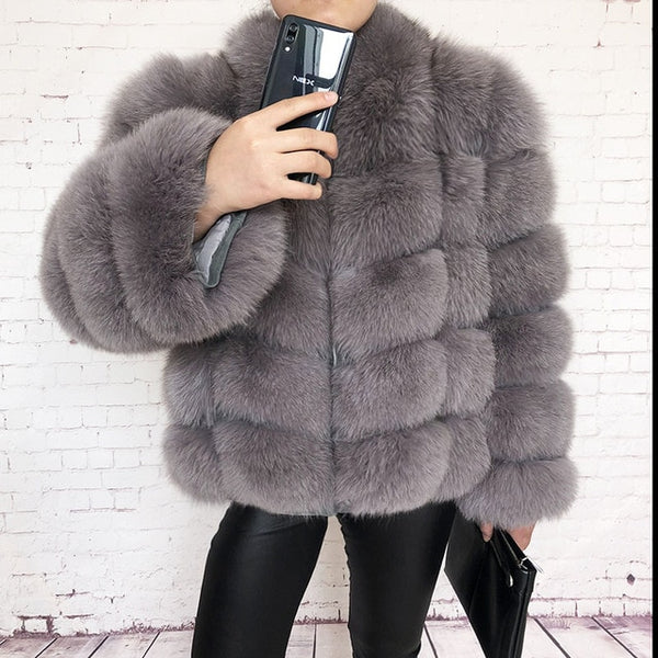 Women's high quality 100% real fur coat Natural fox fur vest Leather jacket leather coat Stand collar long sleeve fox fur coat