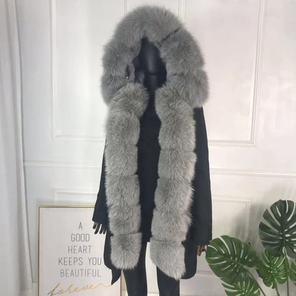 girl parka real fur parka with fox fur big large fox fur collar liner rabbit fur Detachable natural fur coat Female Fox Parkas