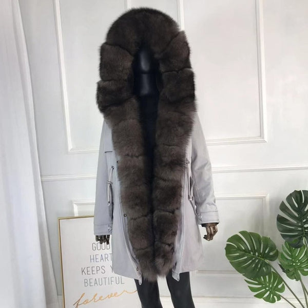 girl parka real fur parka with fox fur big large fox fur collar liner rabbit fur Detachable natural fur coat Female Fox Parkas
