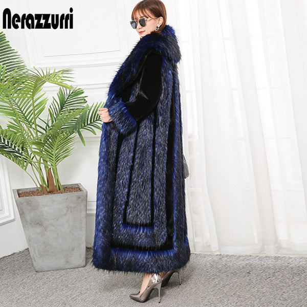 Nerazzurri Extra long winter faux fur coat 2019 runway womens fashion plus size streetwear fluffy thicken warm fake fur coats