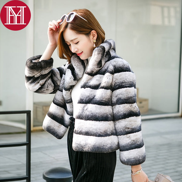 2019 hot sale women real natural rex rabbit fur coat high quality 100% genuine rex rabbit fur chinchilla color winter jacket