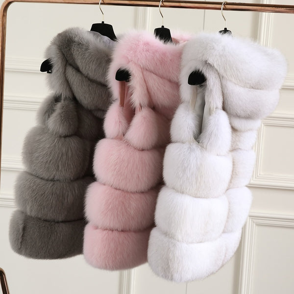 FURSARCAR Fashion New Real Fur Vest Women Winter Thick Warm Outwear 70 Cm Long Solid Fluffy Fox Fur Waistcoat With Fur Hood