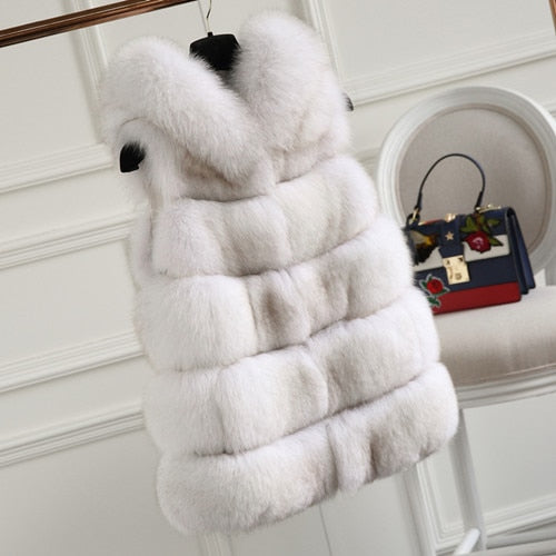 FURSARCAR Fashion New Real Fur Vest Women Winter Thick Warm Outwear 70 Cm Long Solid Fluffy Fox Fur Waistcoat With Fur Hood