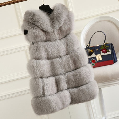 FURSARCAR Fashion New Real Fur Vest Women Winter Thick Warm Outwear 70 Cm Long Solid Fluffy Fox Fur Waistcoat With Fur Hood