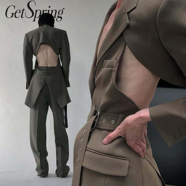 GetSpring Women Blazer Long Sleeve Single Button Women Blazers Suit Hollow Out Backless Irregular Ladies Suit Jacket Long Coat