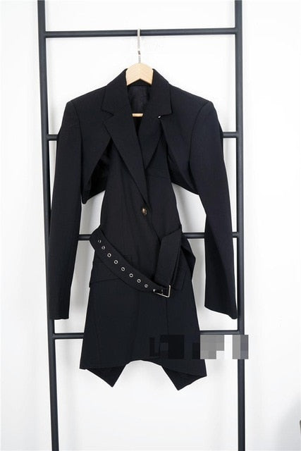 GetSpring Women Blazer Long Sleeve Single Button Women Blazers Suit Hollow Out Backless Irregular Ladies Suit Jacket Long Coat