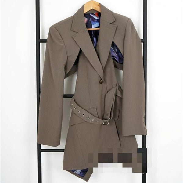 GetSpring Women Blazer Long Sleeve Single Button Women Blazers Suit Hollow Out Backless Irregular Ladies Suit Jacket Long Coat