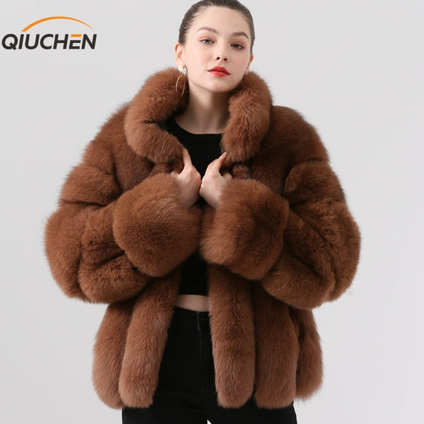 QIUCHEN  PJ19018 2019 new arrival  real fox fur coat women winter thick fur fashion coat luxury fur jacket hot sale real fur