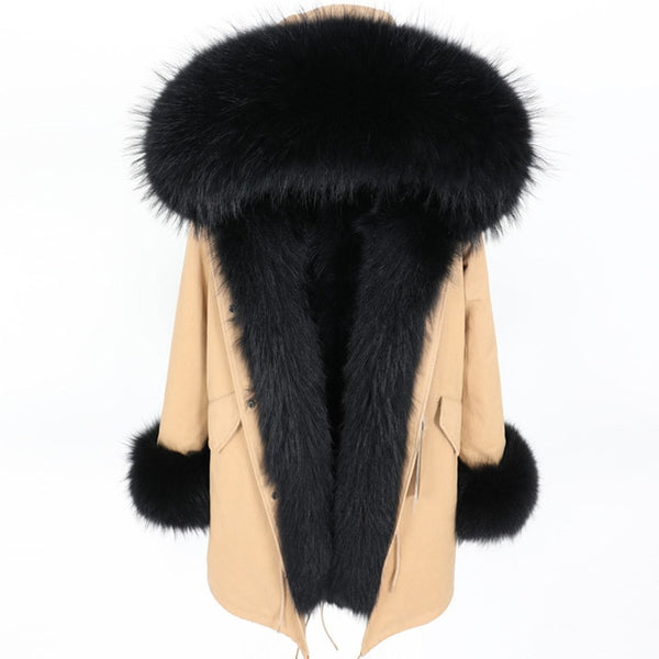 2019 New Winter Women Large Raccoon Fur Collar Hooded  Real Fox Fur Liner Coat Black Army Green Parkas  Outwear Winter Jacket