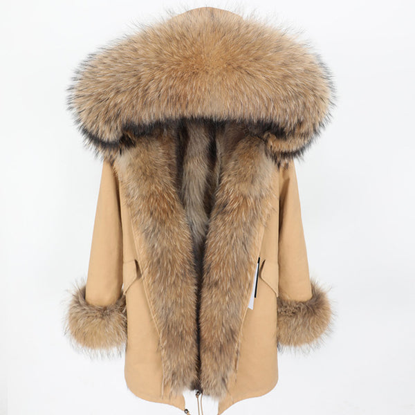 2019 New Winter Women Large Raccoon Fur Collar Hooded  Real Fox Fur Liner Coat Black Army Green Parkas  Outwear Winter Jacket