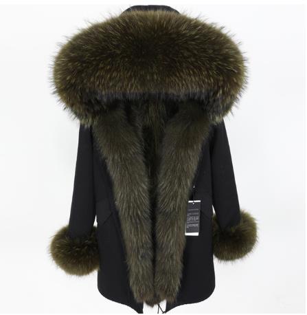 2019 New Winter Women Large Raccoon Fur Collar Hooded  Real Fox Fur Liner Coat Black Army Green Parkas  Outwear Winter Jacket