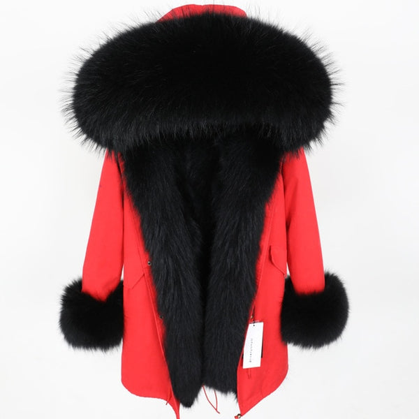 2019 New Winter Women Large Raccoon Fur Collar Hooded  Real Fox Fur Liner Coat Black Army Green Parkas  Outwear Winter Jacket