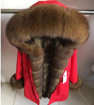 2019 New Winter Women Large Raccoon Fur Collar Hooded  Real Fox Fur Liner Coat Black Army Green Parkas  Outwear Winter Jacket