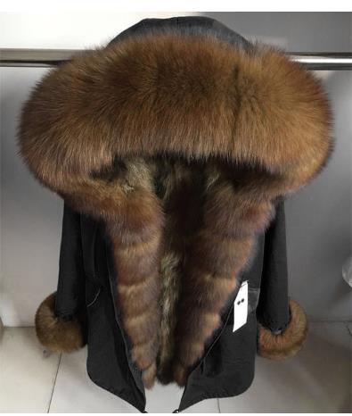 2019 New Winter Women Large Raccoon Fur Collar Hooded  Real Fox Fur Liner Coat Black Army Green Parkas  Outwear Winter Jacket