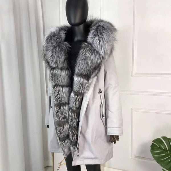 girl parka real fur parka with fox fur big large fox fur collar liner rabbit fur Detachable natural fur coat Female Fox Parkas