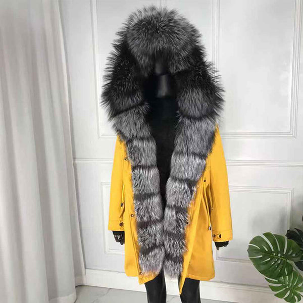 girl parka real fur parka with fox fur big large fox fur collar liner rabbit fur Detachable natural fur coat Female Fox Parkas