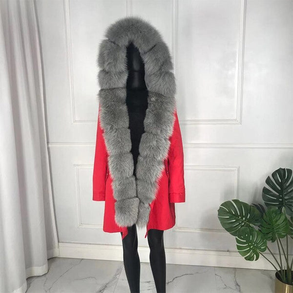 girl parka real fur parka with fox fur big large fox fur collar liner rabbit fur Detachable natural fur coat Female Fox Parkas
