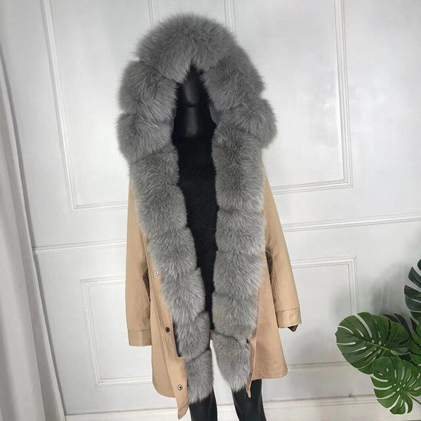 girl parka real fur parka with fox fur big large fox fur collar liner rabbit fur Detachable natural fur coat Female Fox Parkas