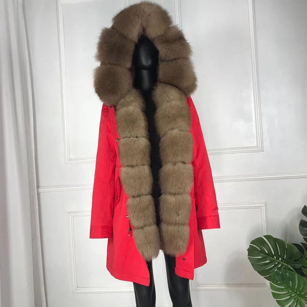 girl parka real fur parka with fox fur big large fox fur collar liner rabbit fur Detachable natural fur coat Female Fox Parkas