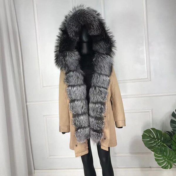 girl parka real fur parka with fox fur big large fox fur collar liner rabbit fur Detachable natural fur coat Female Fox Parkas