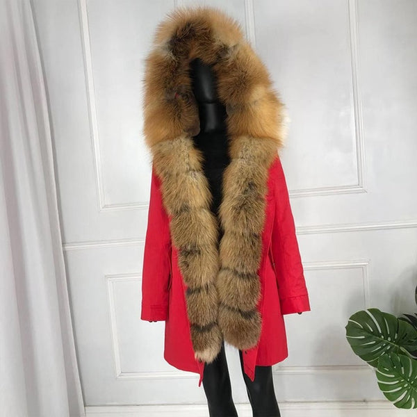 girl parka real fur parka with fox fur big large fox fur collar liner rabbit fur Detachable natural fur coat Female Fox Parkas