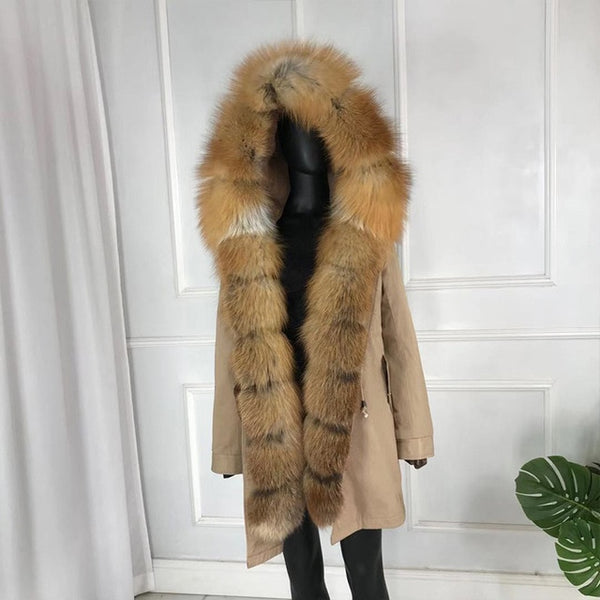 girl parka real fur parka with fox fur big large fox fur collar liner rabbit fur Detachable natural fur coat Female Fox Parkas