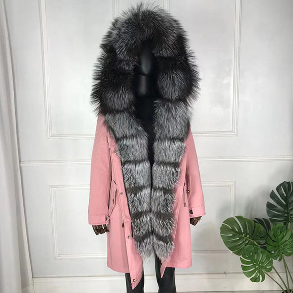 girl parka real fur parka with fox fur big large fox fur collar liner rabbit fur Detachable natural fur coat Female Fox Parkas