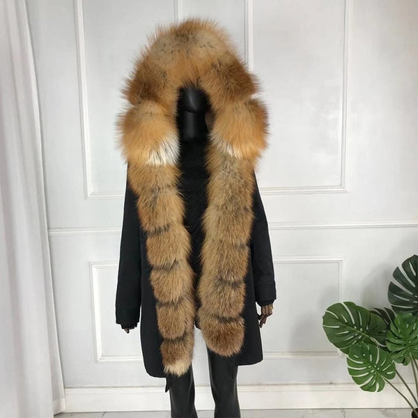 girl parka real fur parka with fox fur big large fox fur collar liner rabbit fur Detachable natural fur coat Female Fox Parkas