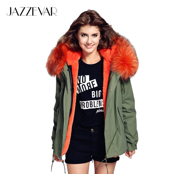 JAZZEVAR 2019 woman army green Large raccoon fur collar hooded coat parkas outwear 2 in 1 detachable lining winter jacket