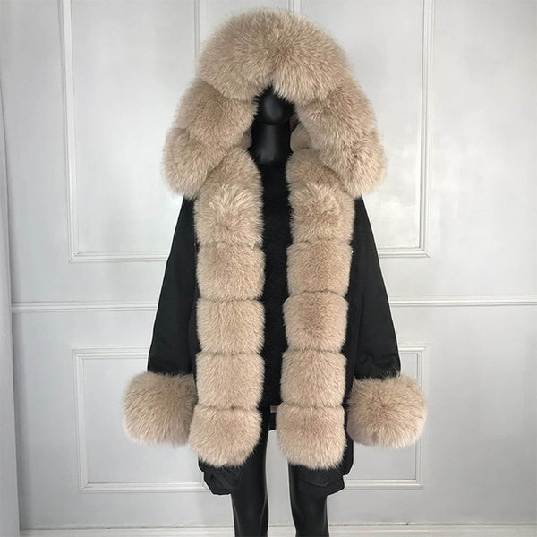 real natural fox fur coat jacket parka with big large fox fur collar and fox fur liner thick warm fashion new waterproof   wome