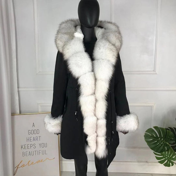 real natural fox fur coat jacket parka with big large fox fur collar and fox fur liner thick warm fashion new waterproof   wome