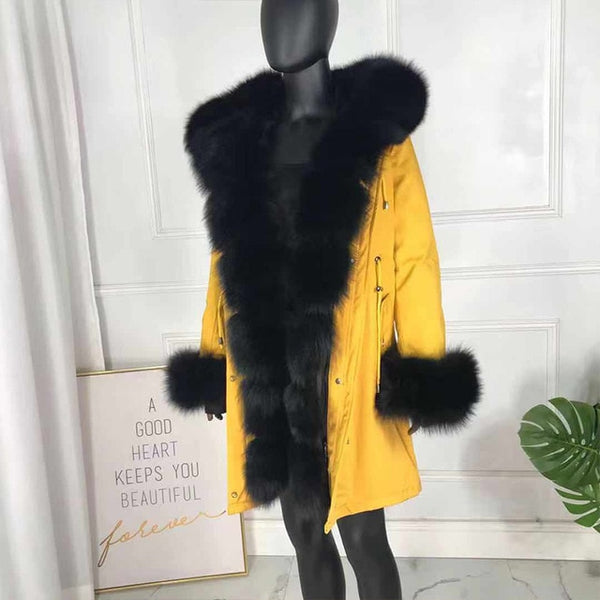 real natural fox fur coat jacket parka with big large fox fur collar and fox fur liner thick warm fashion new waterproof   wome