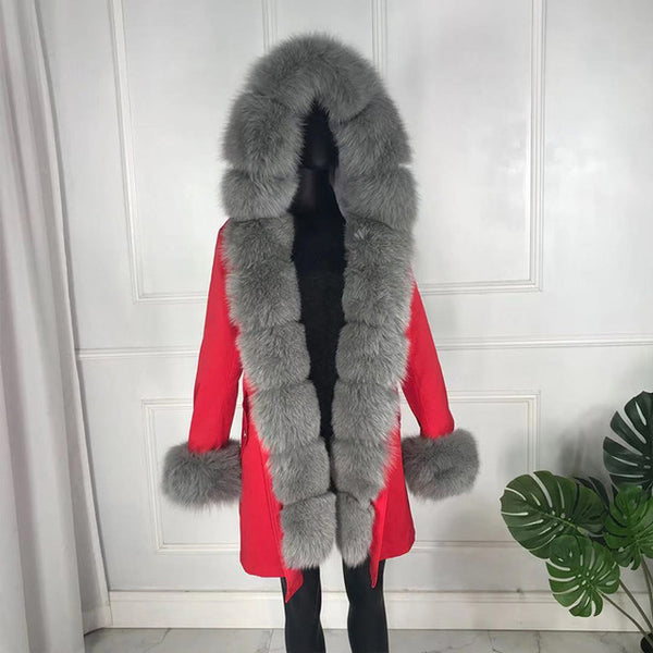 real natural fox fur coat jacket parka with big large fox fur collar and fox fur liner thick warm fashion new waterproof   wome