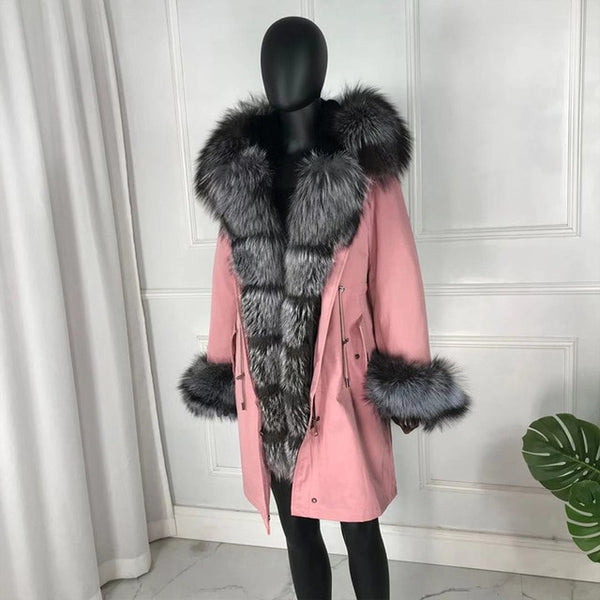 real natural fox fur coat jacket parka with big large fox fur collar and fox fur liner thick warm fashion new waterproof   wome