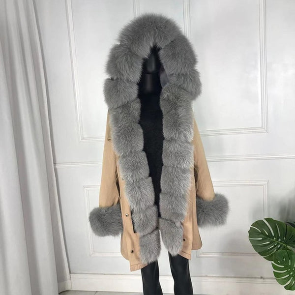 real natural fox fur coat jacket parka with big large fox fur collar and fox fur liner thick warm fashion new waterproof   wome