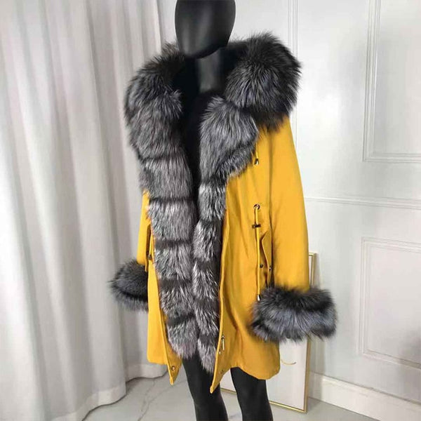 real natural fox fur coat jacket parka with big large fox fur collar and fox fur liner thick warm fashion new waterproof   wome