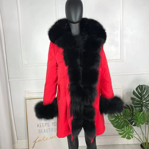 real natural fox fur coat jacket parka with big large fox fur collar and fox fur liner thick warm fashion new waterproof   wome
