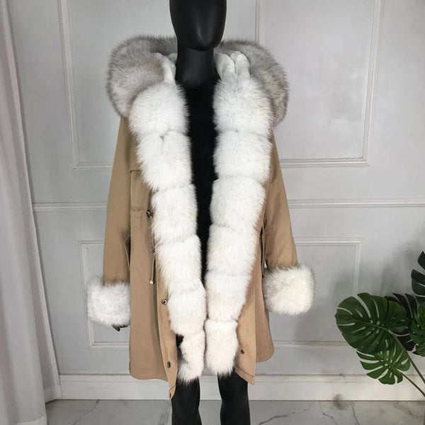 real natural fox fur coat jacket parka with big large fox fur collar and fox fur liner thick warm fashion new waterproof   wome