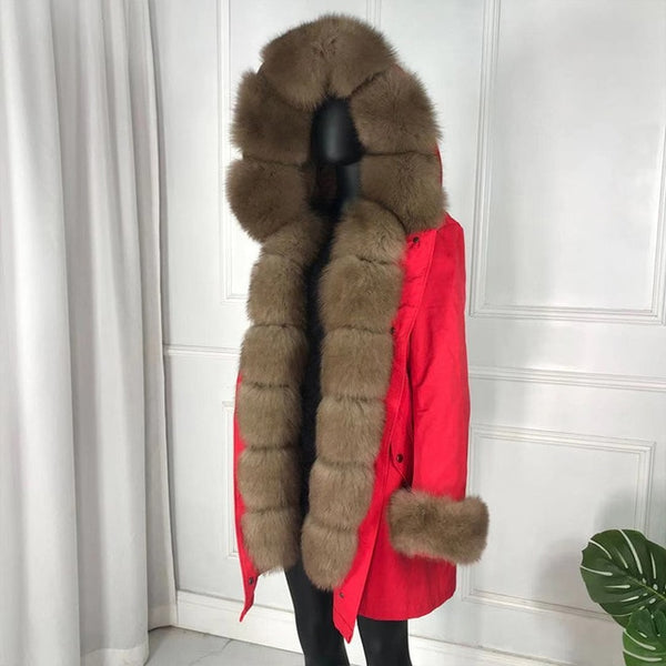 real natural fox fur coat jacket parka with big large fox fur collar and fox fur liner thick warm fashion new waterproof   wome