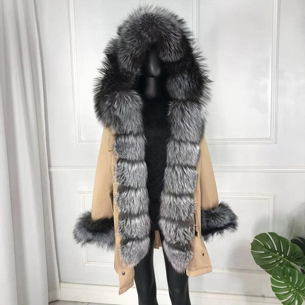 real natural fox fur coat jacket parka with big large fox fur collar and fox fur liner thick warm fashion new waterproof   wome