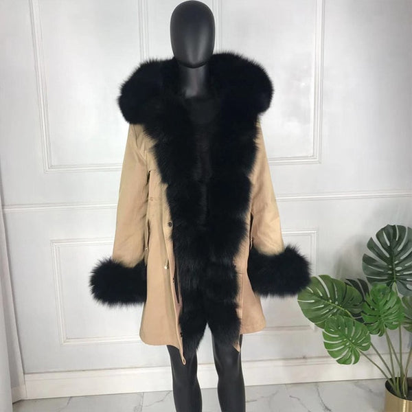 real natural fox fur coat jacket parka with big large fox fur collar and fox fur liner thick warm fashion new waterproof   wome