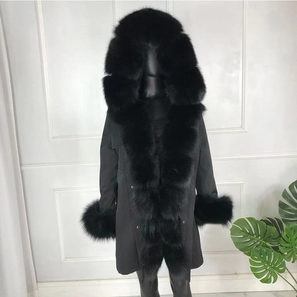real natural fox fur coat jacket parka with big large fox fur collar and fox fur liner thick warm fashion new waterproof   wome