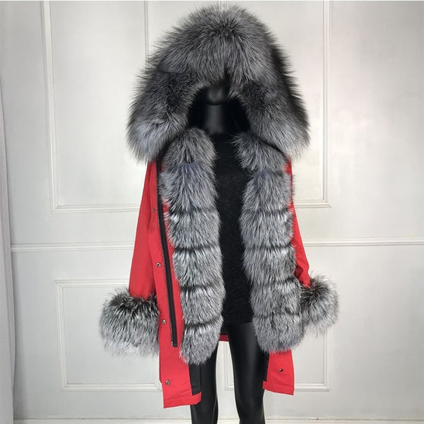 real natural fox fur coat jacket parka with big large fox fur collar and fox fur liner thick warm fashion new waterproof   wome