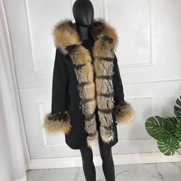 real natural fox fur coat jacket parka with big large fox fur collar and fox fur liner thick warm fashion new waterproof   wome