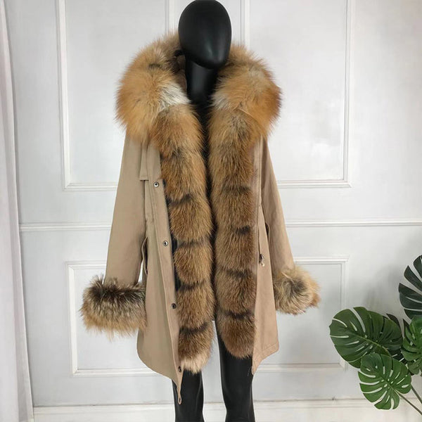 real natural fox fur coat jacket parka with big large fox fur collar and fox fur liner thick warm fashion new waterproof   wome